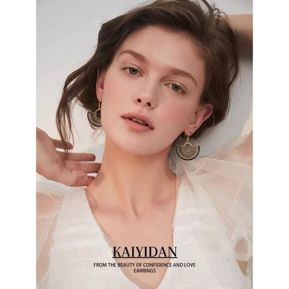 Fan Sector Shaped Braided Boho Dangle Statement Vintage Dainty Earring for Women - Picture 8 of 9